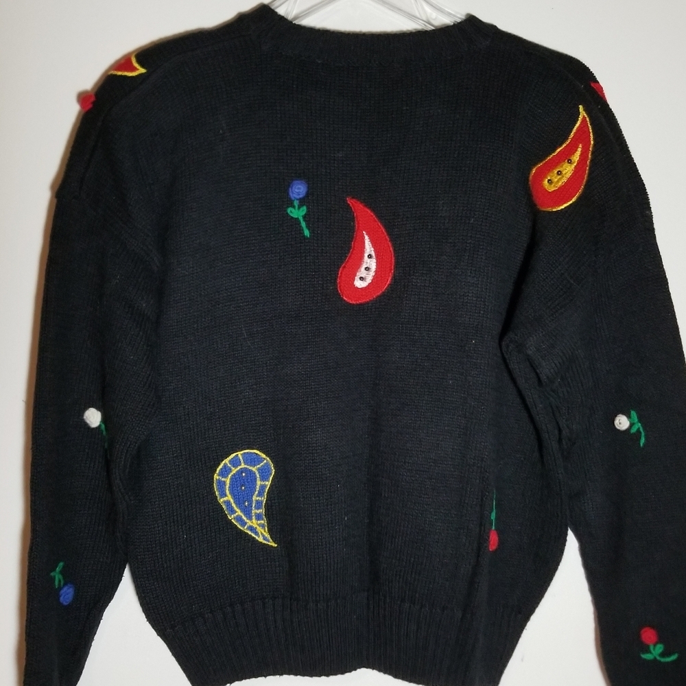 VTG 80s/90s Chaus black/Roses longsleeve Sweater - Picture 8 of 16